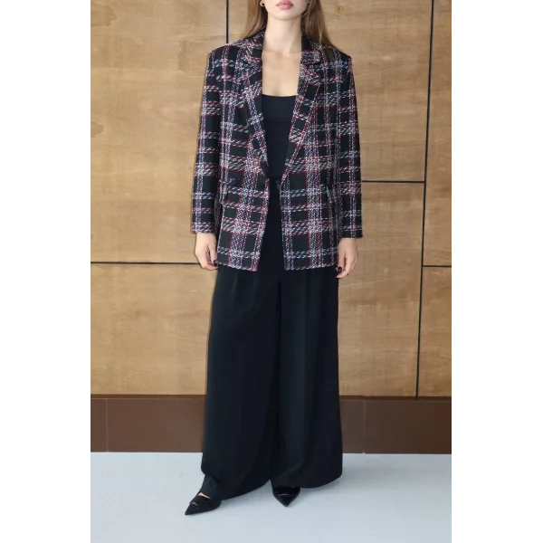Siyah Kırmızı Kareli Oversize Kruvaze Şanel Ceket