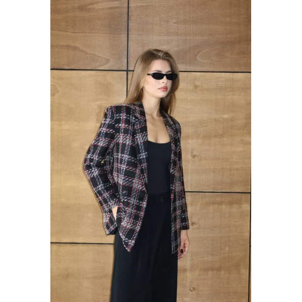 Siyah Kırmızı Kareli Oversize Kruvaze Şanel Ceket