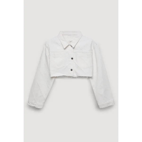 Örgü Detaylı Düğmeli Crop Kot Ceket Krem