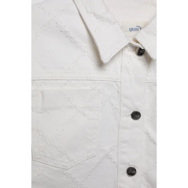 Örgü Detaylı Düğmeli Crop Kot Ceket Krem