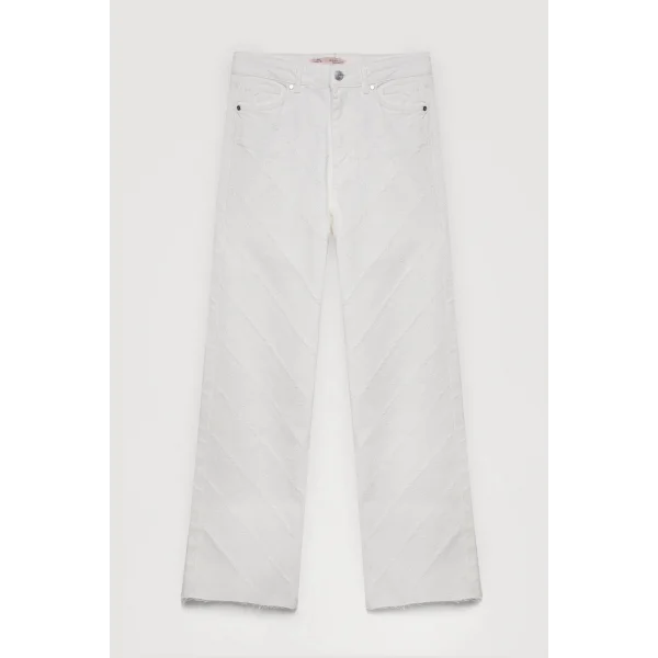 Örgü Detaylı Paçaları Kesik Kot Pantolon Krem