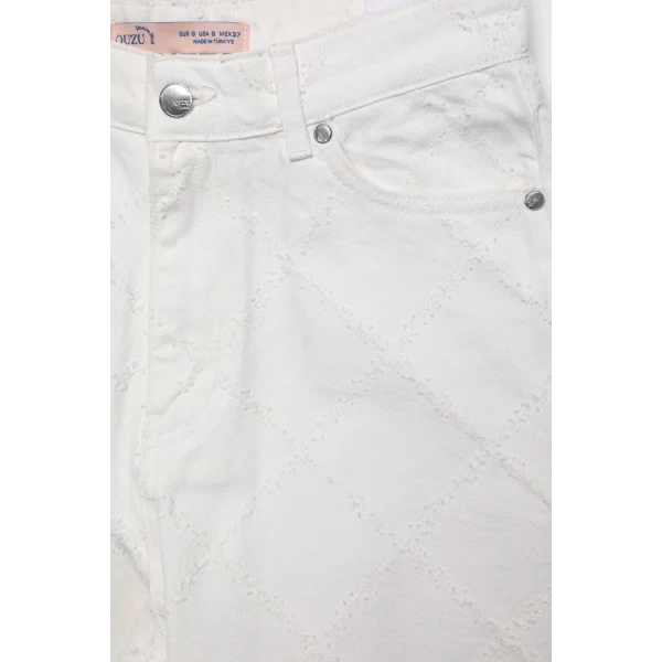 Örgü Detaylı Paçaları Kesik Kot Pantolon Krem