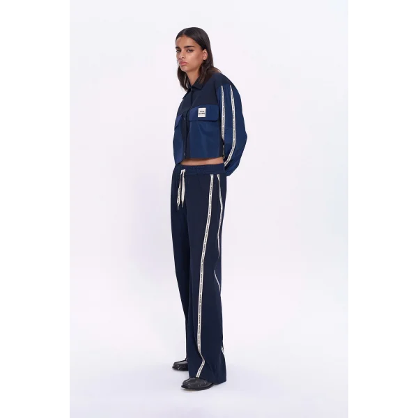 Şerit Yazı Detaylı Yüksek Bel Pantolon Lacivert