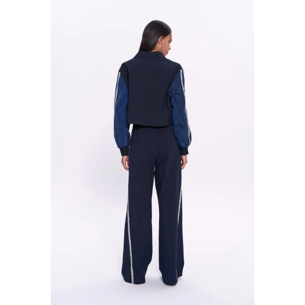 Şerit Yazı Detaylı Yüksek Bel Pantolon Lacivert