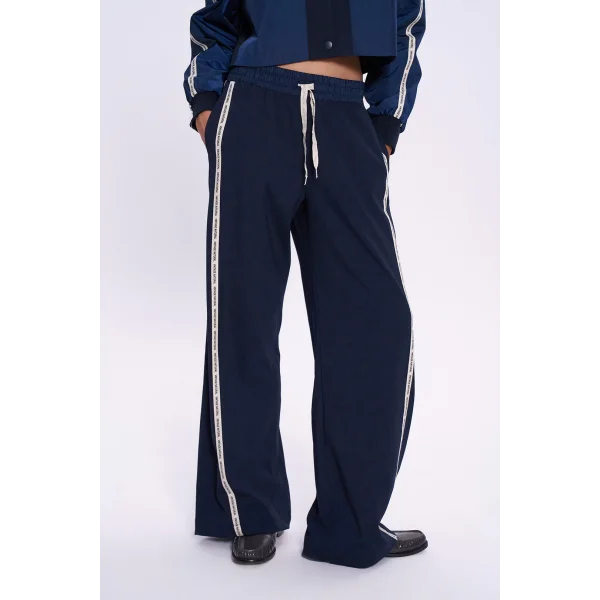 Şerit Yazı Detaylı Yüksek Bel Pantolon Lacivert