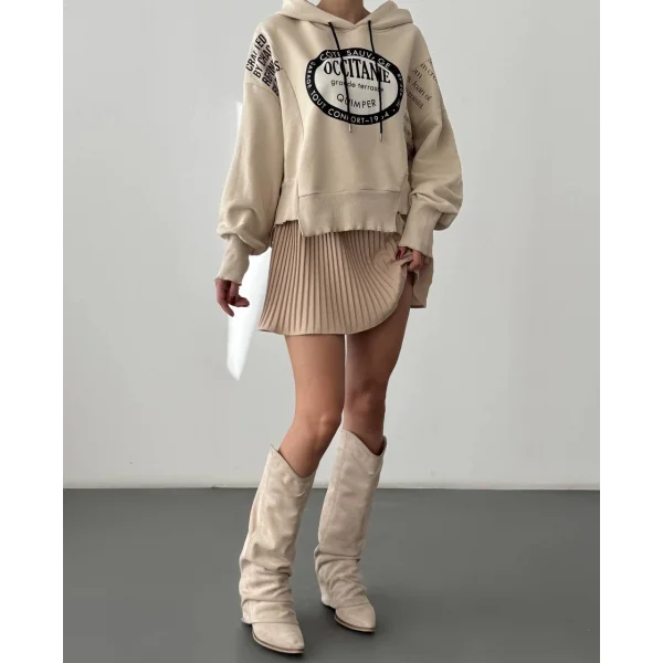 Yırtık Detaylı Yazı Baskılı Oversize Sweatshirt Taş