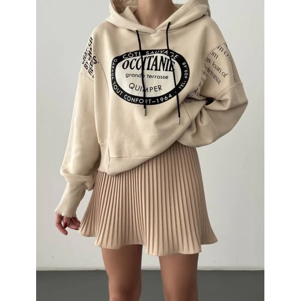 Yırtık Detaylı Yazı Baskılı Oversize Sweatshirt Taş