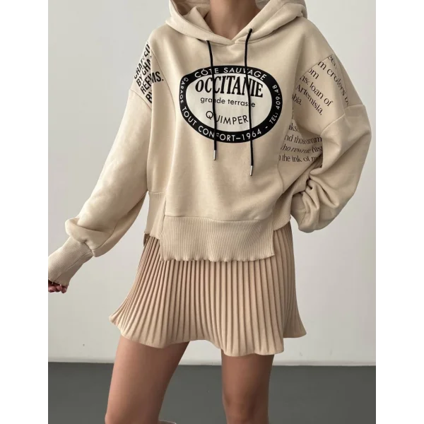 Yırtık Detaylı Yazı Baskılı Oversize Sweatshirt Taş
