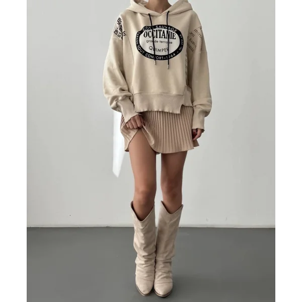 Yırtık Detaylı Yazı Baskılı Oversize Sweatshirt Taş