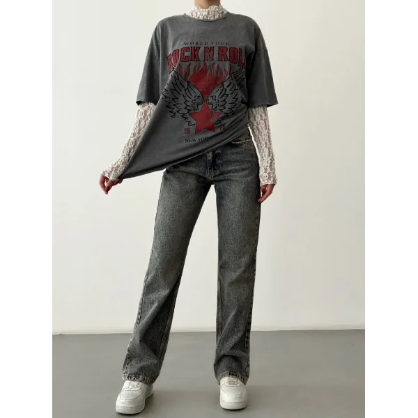 Dantel Garnili Yıkamalı Oversize Tişört Antrasit