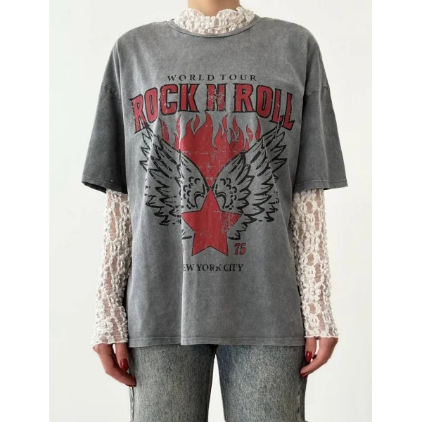 Dantel Garnili Yıkamalı Oversize Tişört Antrasit