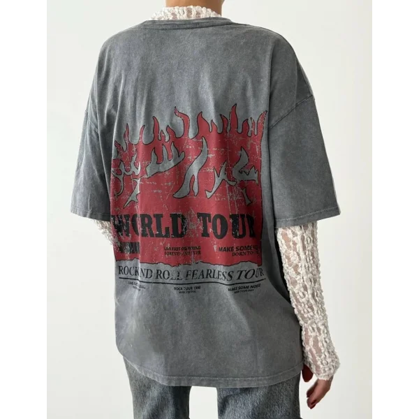 Dantel Garnili Yıkamalı Oversize Tişört Antrasit