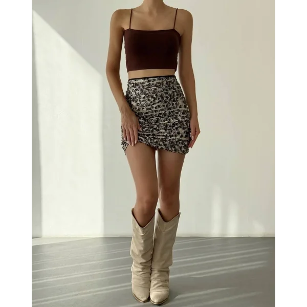 Payetli Leopar Desen Mini Etek Kahverengi
