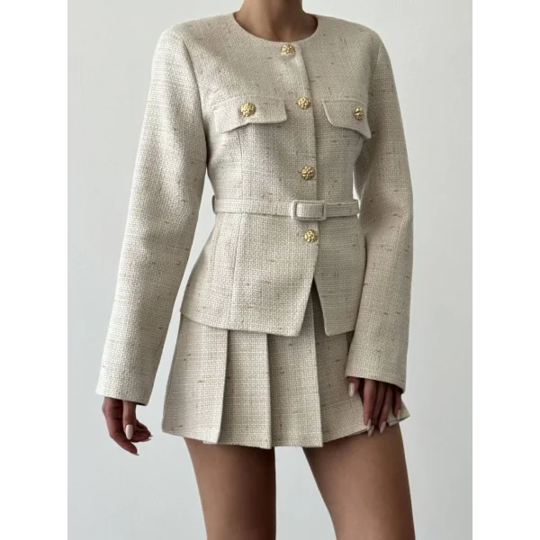 Kemer Detaylı Pileli Tüvit Mini Şort Etek Bej