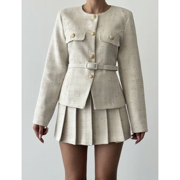 Kemer Detaylı Pileli Tüvit Mini Şort Etek Bej