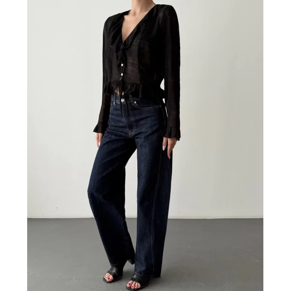 Fırfır Detaylı V Yaka Düğmeli Transparan Bluz Siyah