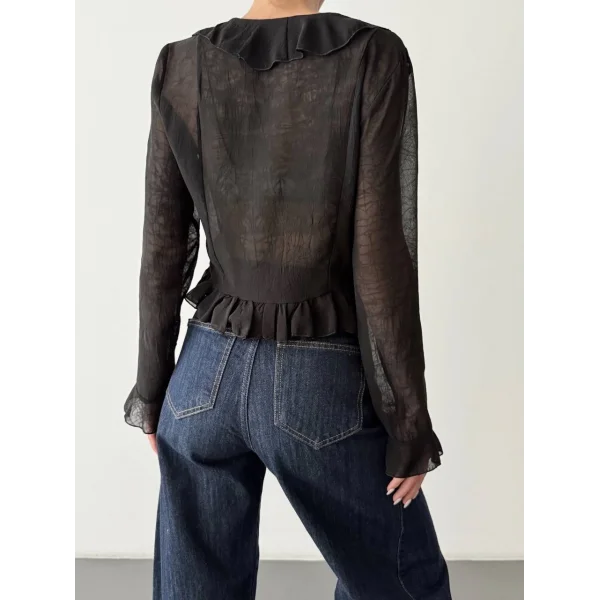 Fırfır Detaylı V Yaka Düğmeli Transparan Bluz Siyah
