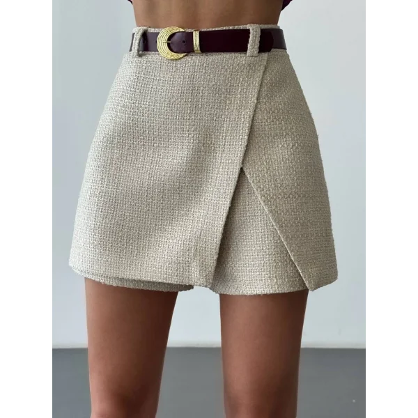 Kemerli Kruvaze Tüvit Şort Etek Bej