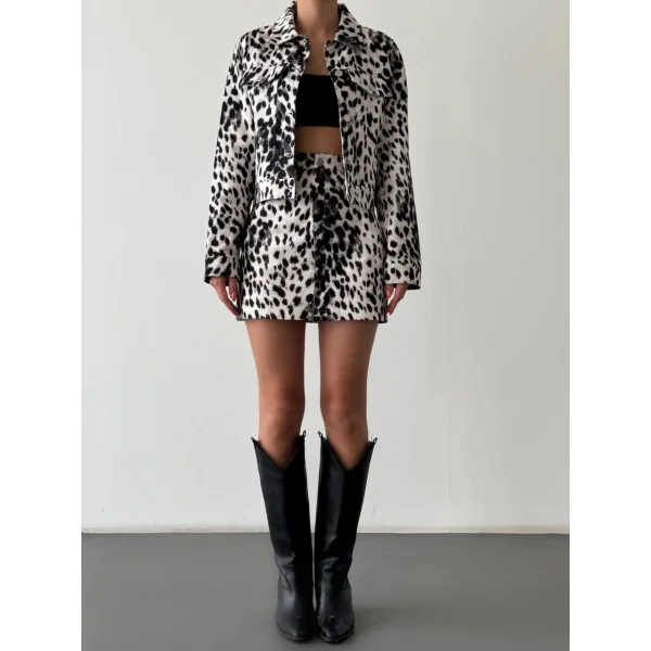 Leopar Desenli Mini Etek Siyah