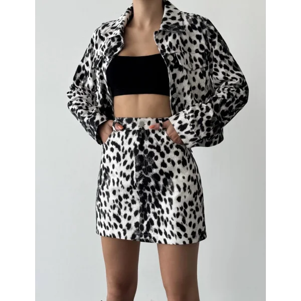 Leopar Desenli Mini Etek Siyah