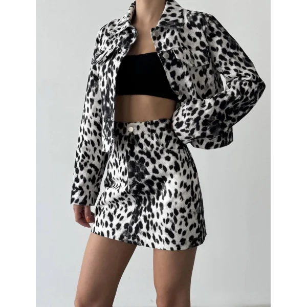 Leopar Desenli Mini Etek Siyah