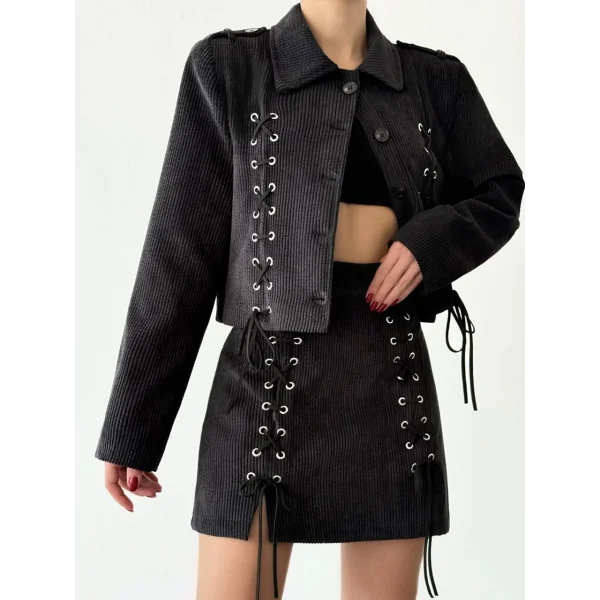 Bağcıklı Kadife Fitilli Mini Etek Siyah