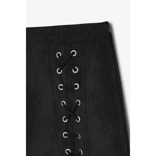 Bağcıklı Kadife Fitilli Mini Etek Siyah