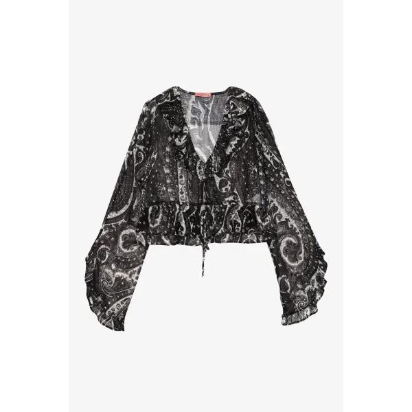 Etnik Desenli Fırfırlı V Yaka Tül Bluz Siyah