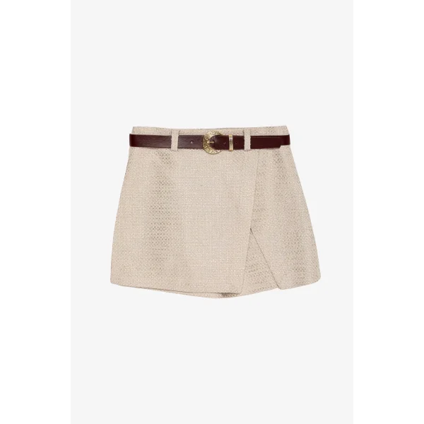 Kemerli Kruvaze Tüvit Şort Etek Bej