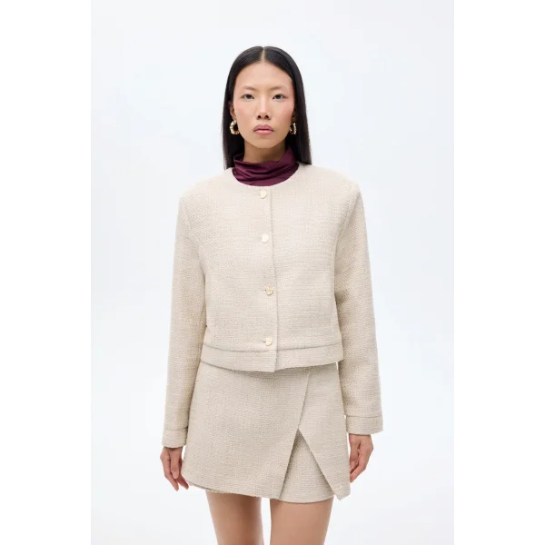 Yuvarlak Yaka Düğmeli Tüvit Ceket Bej