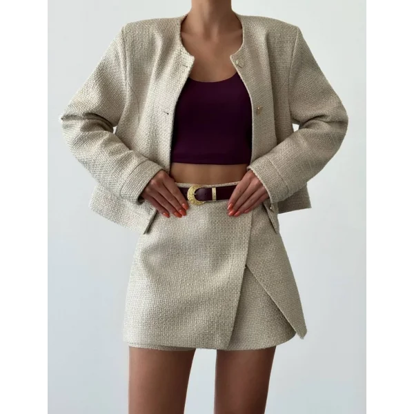 Yuvarlak Yaka Düğmeli Tüvit Ceket Bej