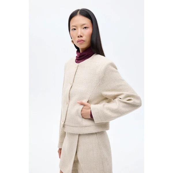 Yuvarlak Yaka Düğmeli Tüvit Ceket Bej