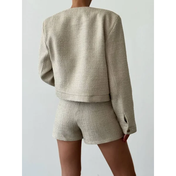 Yuvarlak Yaka Düğmeli Tüvit Ceket Bej