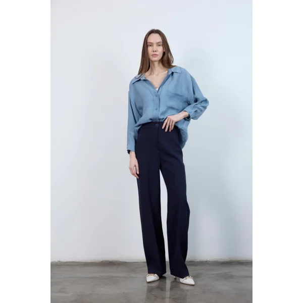 Pilesiz Palazzo Paça Lacivert Kumaş Pantolon