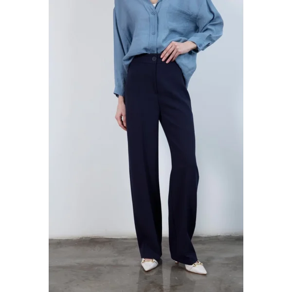 Pilesiz Palazzo Paça Lacivert Kumaş Pantolon