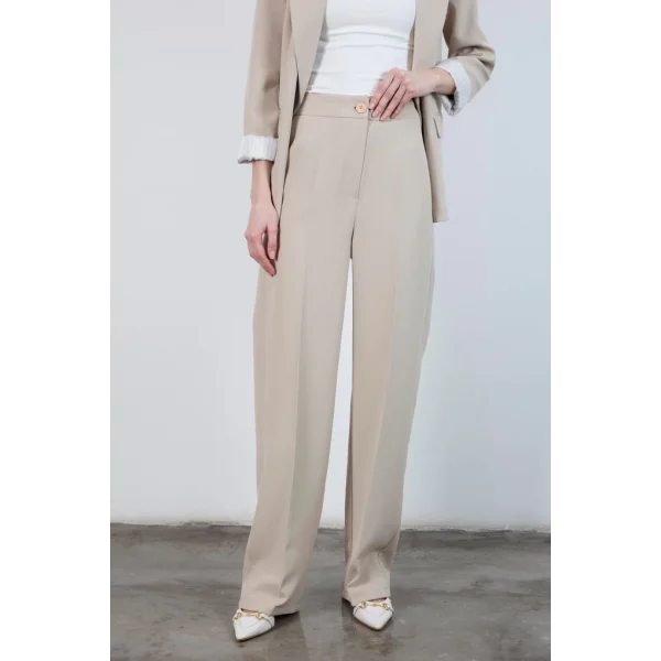 Pilesiz Palazzo Paça Taş Renk Kumaş Pantolon