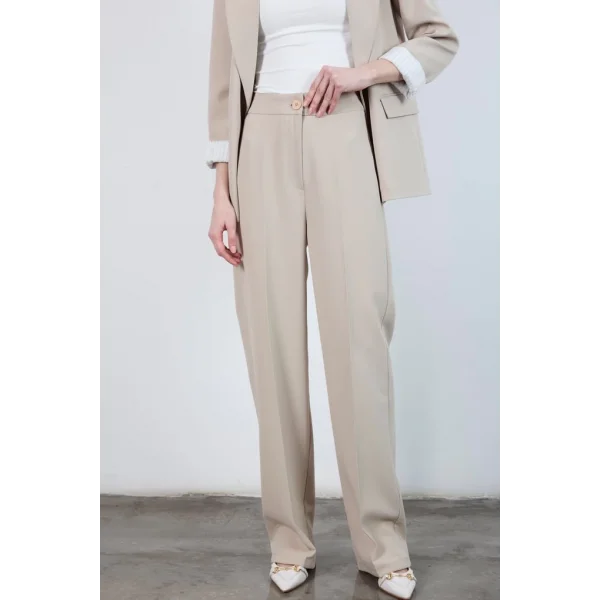 Pilesiz Palazzo Paça Taş Renk Kumaş Pantolon