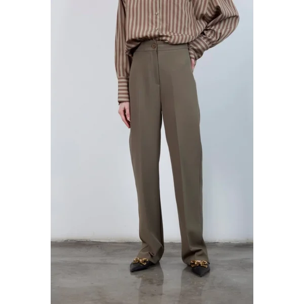 Pilesiz Palazzo Paça Haki Kumaş Pantolon