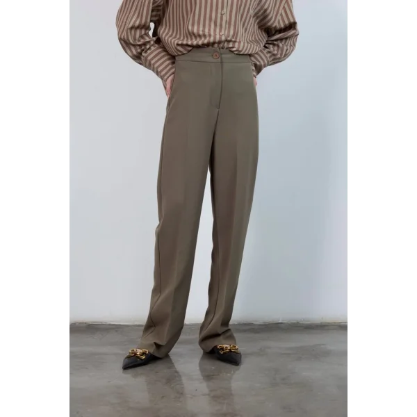 Pilesiz Palazzo Paça Haki Kumaş Pantolon