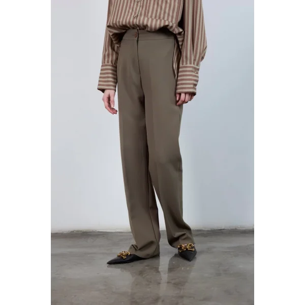 Pilesiz Palazzo Paça Haki Kumaş Pantolon