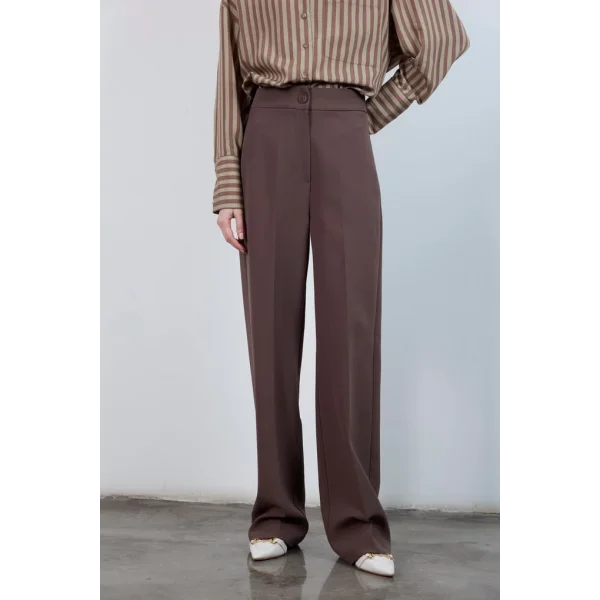 Pilesiz Palazzo Paça Kahverengi Kumaş Pantolon