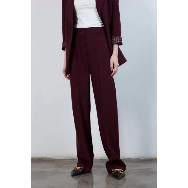 Pilesiz Palazzo Paça Mürdüm Kumaş Pantolon