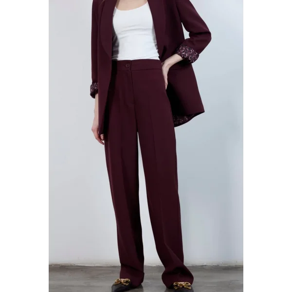 Pilesiz Palazzo Paça Mürdüm Kumaş Pantolon