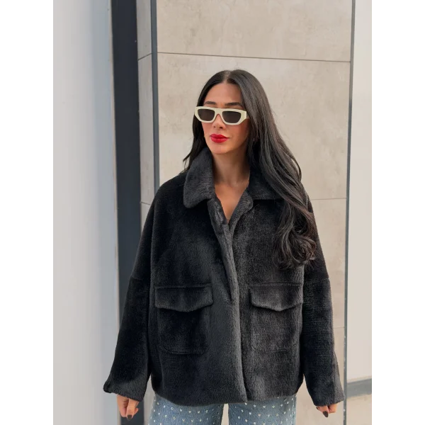 Cepli Alpaka Kürk Kısa Kaban-Siyah