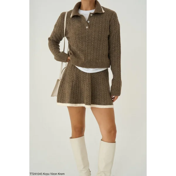 Triko Kazak Etek İkili Takım-Kahve
