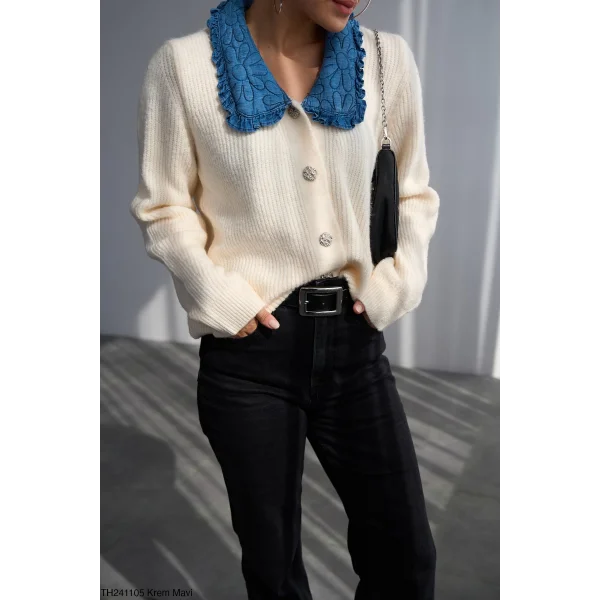 Mavi Bebe Yaka Hırka-Krem