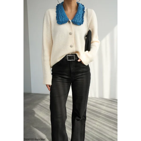 Mavi Bebe Yaka Hırka-Krem