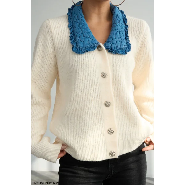 Mavi Bebe Yaka Hırka-Krem