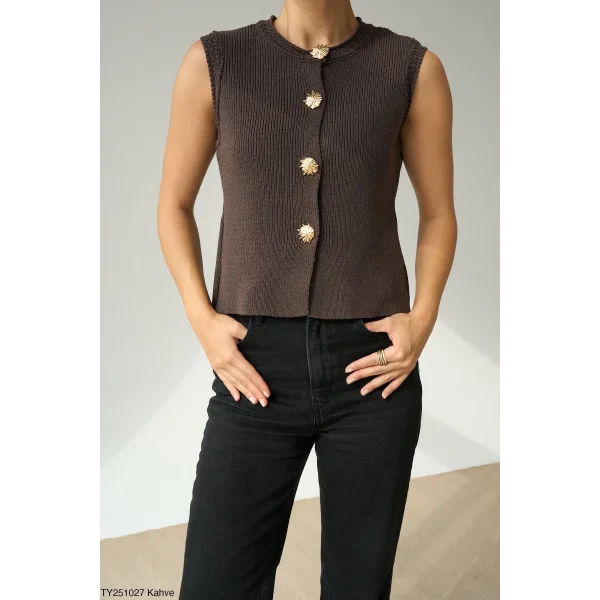 Gold Düğme Kahverengi Yelek