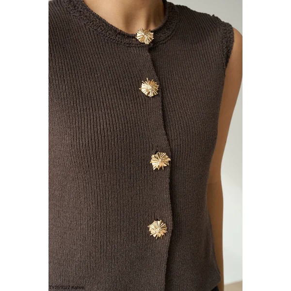 Gold Düğme Kahverengi Yelek